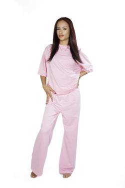 Side view of the Pink Serenity lounge set, emphasizing the stylish design and soft fabric.